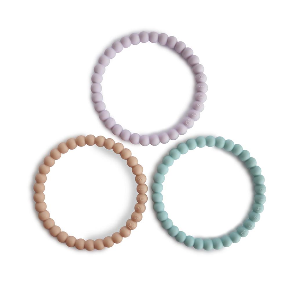 Mushie Beißring Perlen 3er Set, Lilac/Cyan/Soft Peach, Armband aus Silikon, BPA-frei