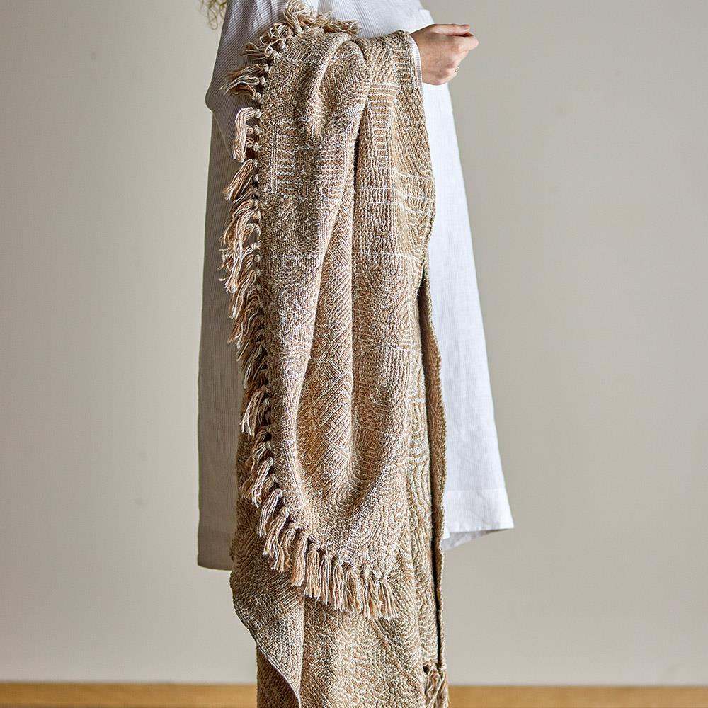 Bloomingville Bresso Decke, Braun, recycelte Baumwolle, 160x130 cm, gewebt, mit Fransen