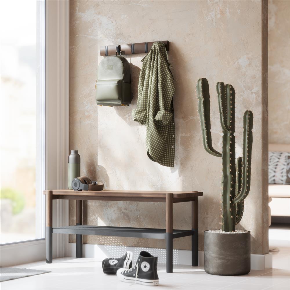 Umbra Flip Wandgarderobe, Garderobenleiste in Walnuss, mit 5 beweglichen Haken in Schwarz