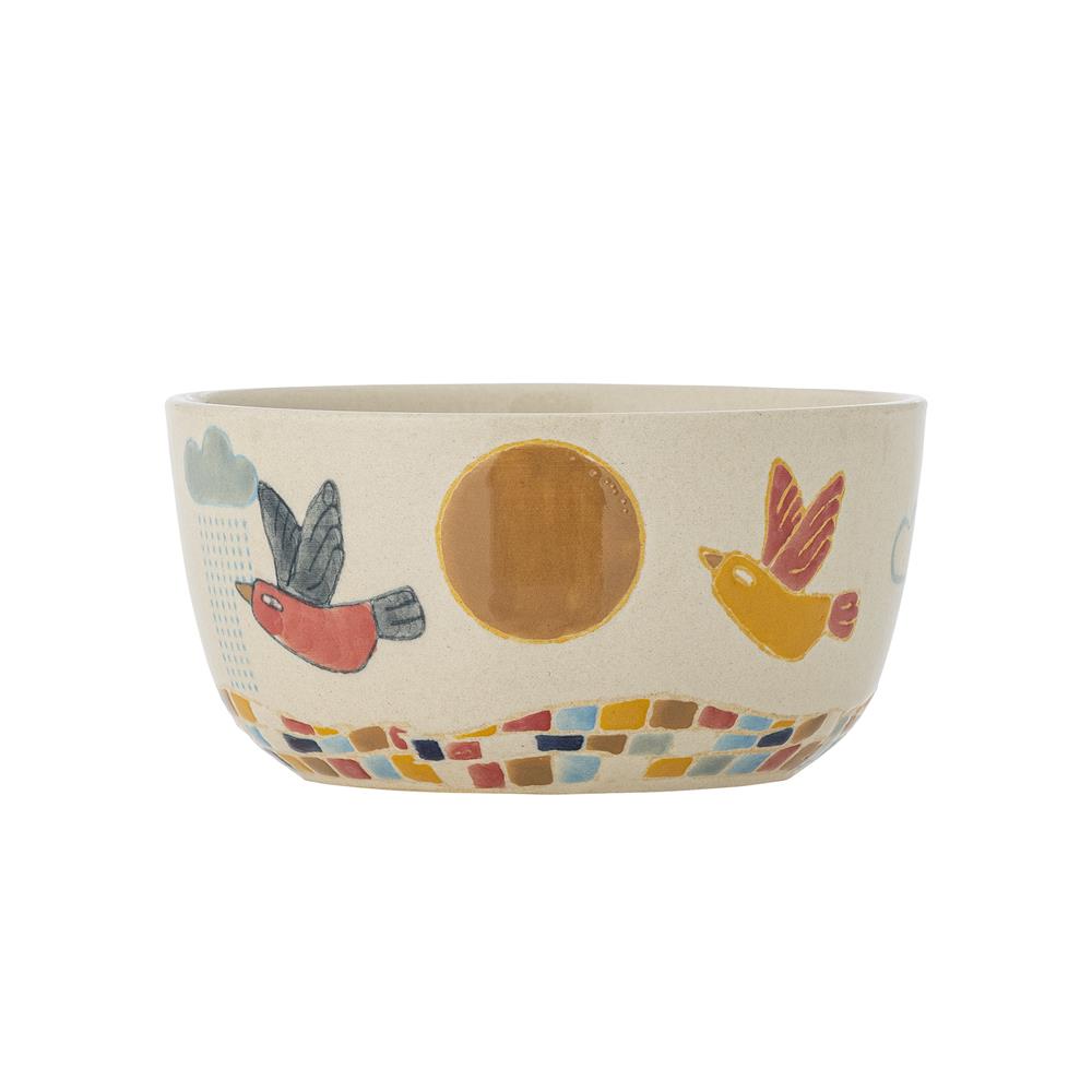 Bloomingville MINI Colorine Schale mit Vogelmotiv, Steingut, Kinderschüssel, dänisches Design