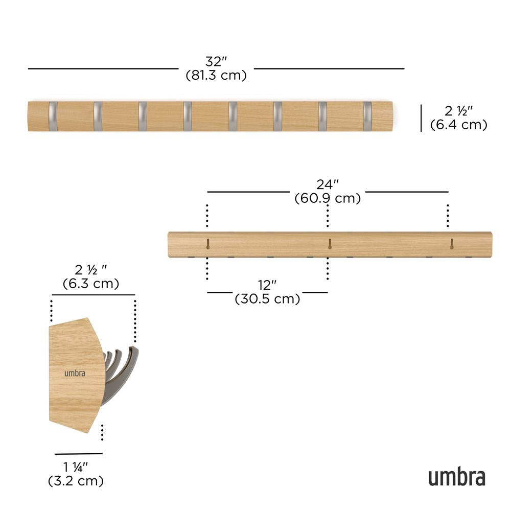 Umbra Flip Wandgarderobe, Garderobenleiste in Natur, mit 8 beweglichen Haken in Silber