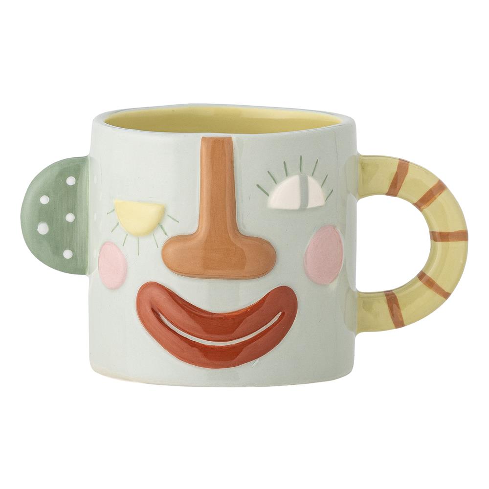 Bloomingville MINI Sylvie Tasse, mit buntem Gesicht, Steingut, Kindertasse, dänisches Design
