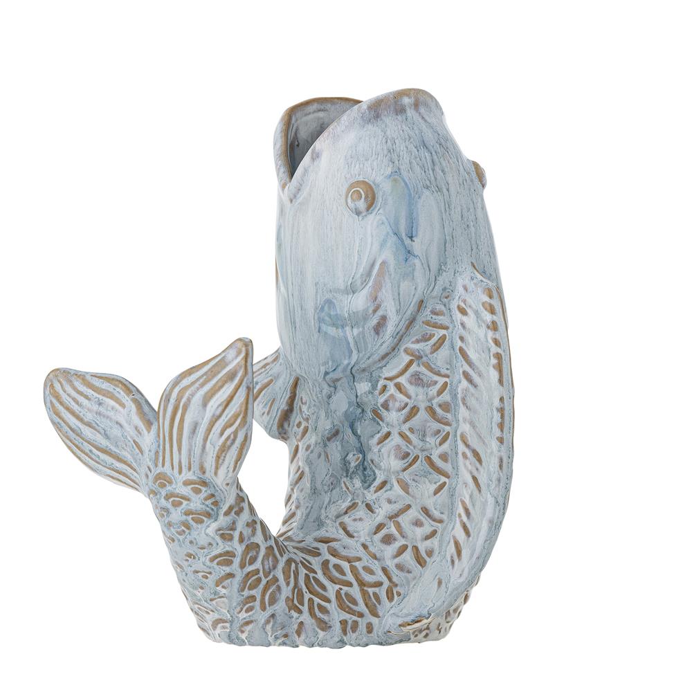 Bloomingville Hiro Vase Blau Steingut Fischform Landhausstil 21cm