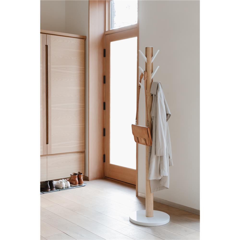 Umbra Flapper Garderobenständer Weiß/Natur Kleiderständer mit 9 herunterklappbaren Haken für Flur und Büro