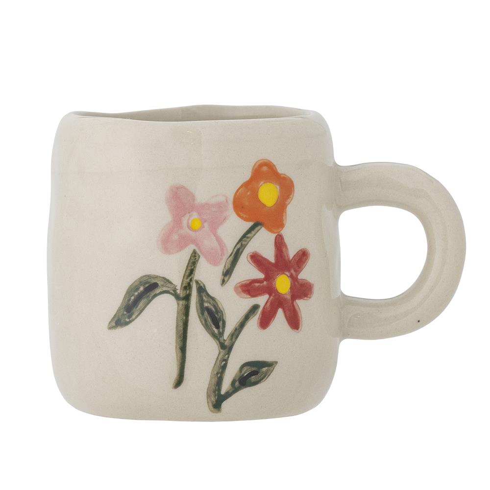 Bloomingville MINI Millie Tasse, Weiß mit Blumenmotiv, Steingut, Kindertasse, dänisches Design