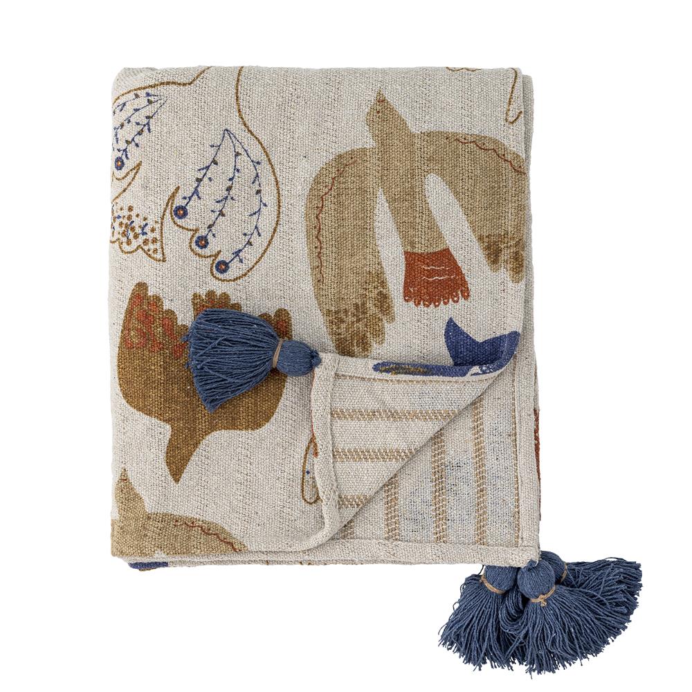 Bloomingville Anniversary Decke 160x130 cm – Nachhaltige Baumwolle mit grafischem Druck & Quasten