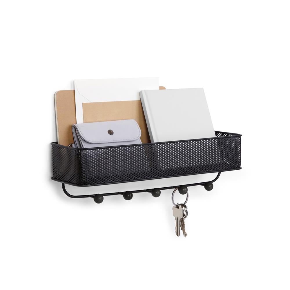 Umbra Estique Schlüsselbrett mit Briefablage, Multifunktionaler Wand Organizer mit 5 Haken, in Schwarz