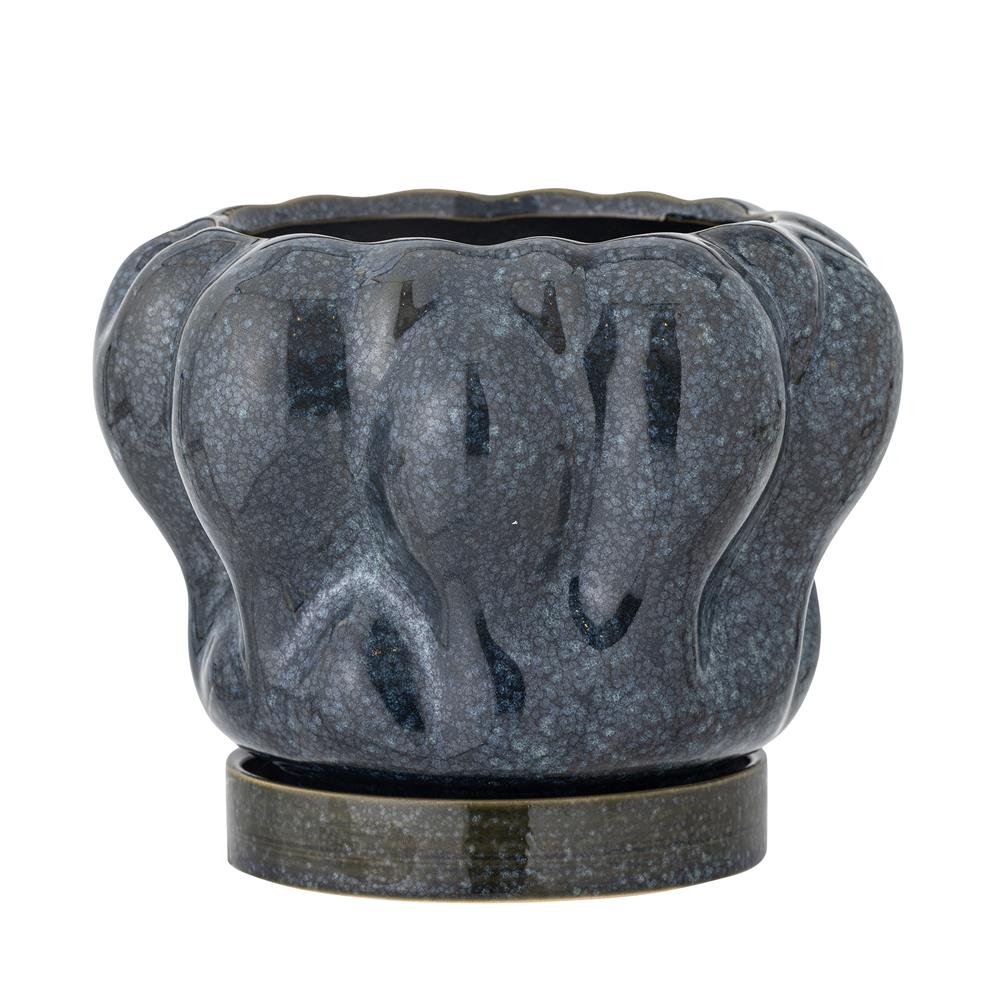 Bloomingville Hollis Blumentopf mit Untertasse Blau Ø20 cm – Steingut, glänzend & dekorativ