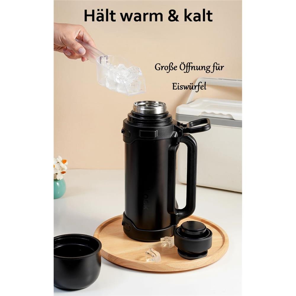 LocknLock Thermoskanne 1,8 L Schwarz, Becher, Edelstahl, Tragegurt, Auslaufsicher