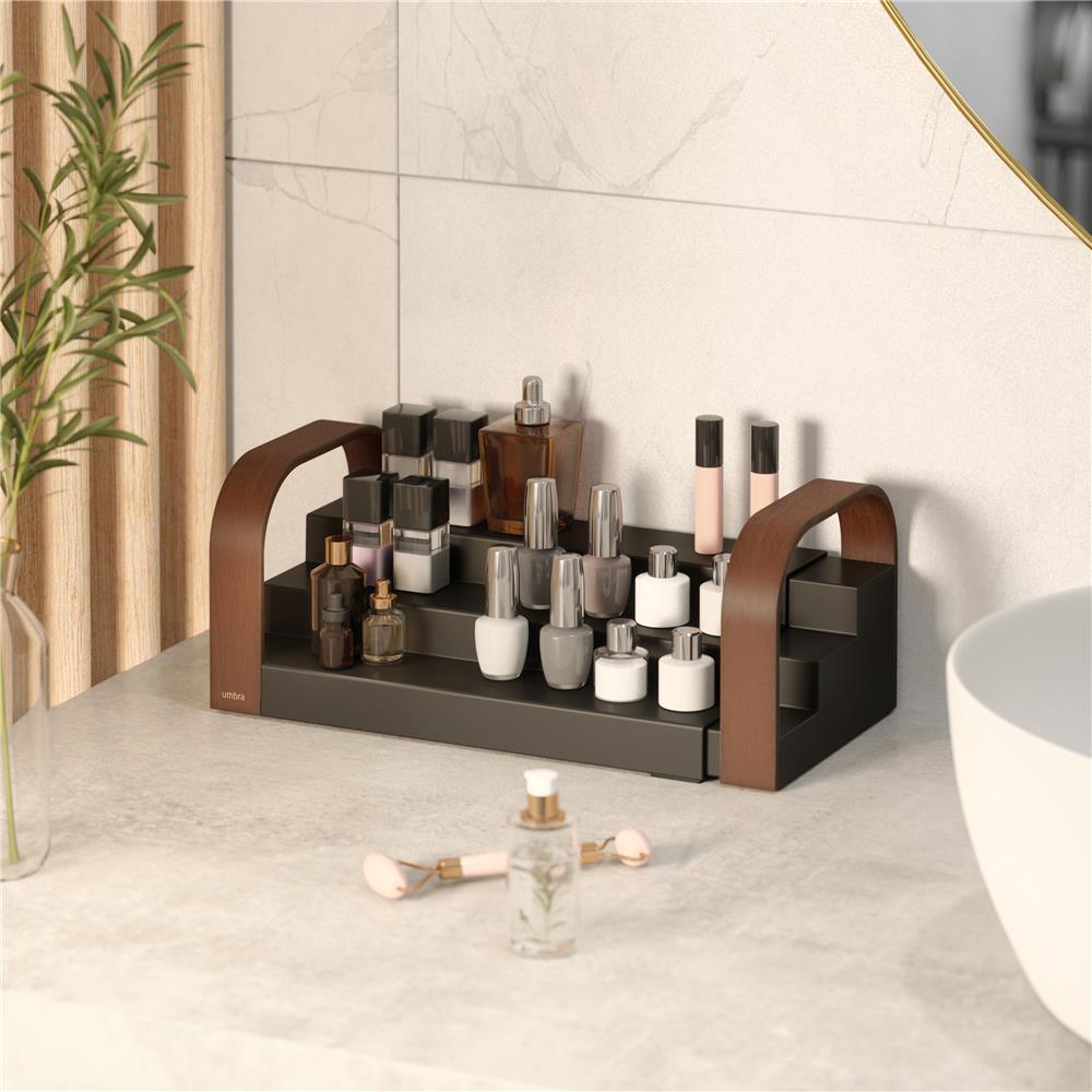 Umbra Bellwood Dreistufiges Gewürzregal, Erweiterbarer Küchen Organizer in Schwarz/Walnuss