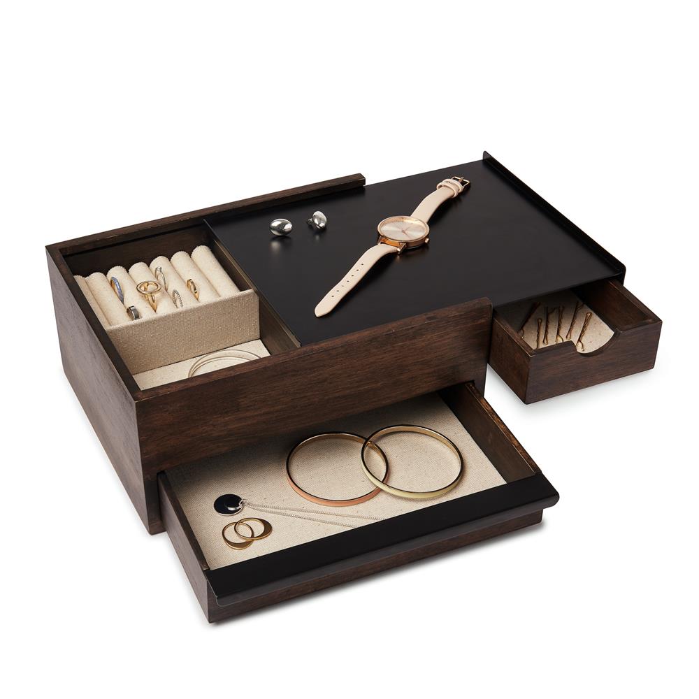 Umbra Stowit Design Schmuckkasten Schwarz/Walnuss moderne Schmuck Box mit Geheimfächern für Ringe Armbänder Uhren Halsketten Ohrringe und Accessoires
