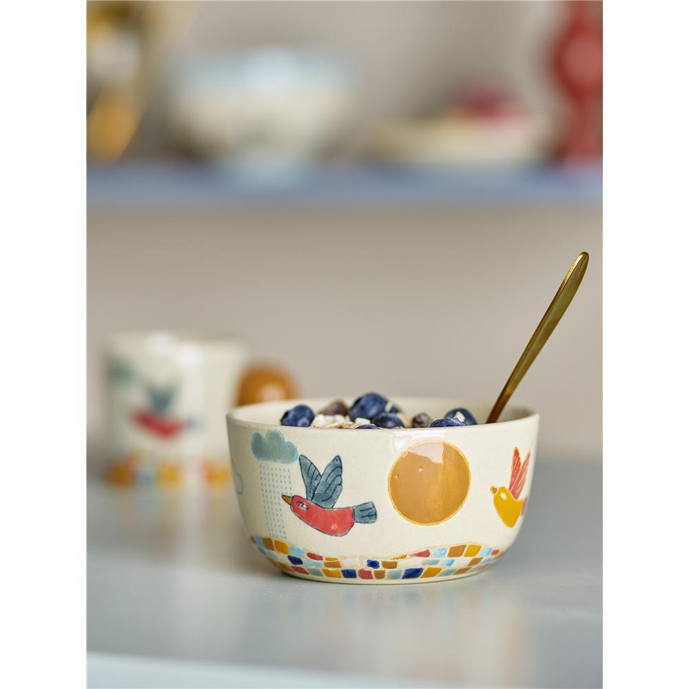 Bloomingville MINI Colorine Schale mit Vogelmotiv, Steingut, Kinderschüssel, dänisches Design
