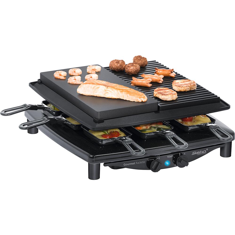 Steba Raclette RC 4 PLUS DELUXE – 4-in-1 Raclette mit Naturstein, Grillplatte & Gourmet-Pfanne, 8 Pfännchen, 1450 W