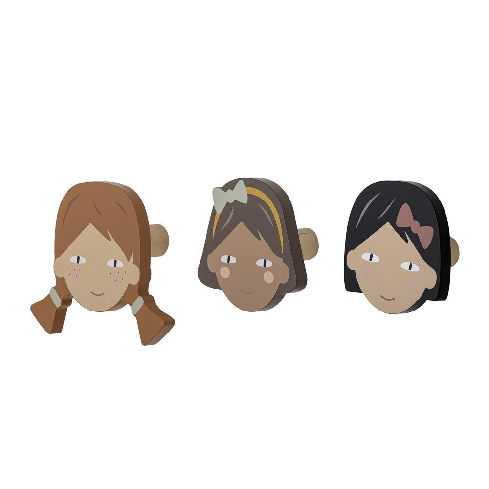 Bloomingville MINI Rosalia Haken 3er Set, aus Holz mit Mädchengesicht-Motiv