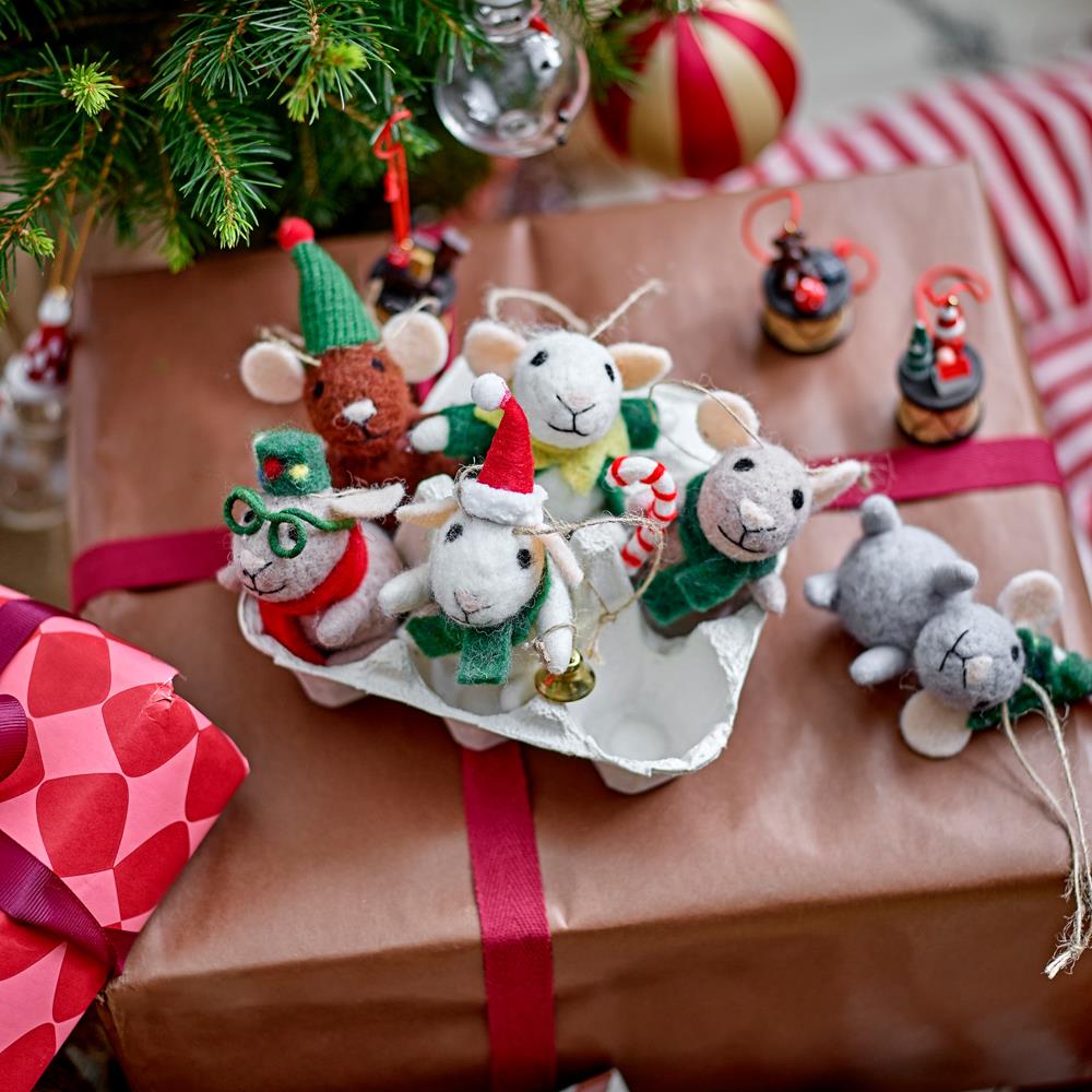 Bloomingville Peo Weihnachtsanhänger Grün Wolle 6er Set Mäuse Christbaumschmuck