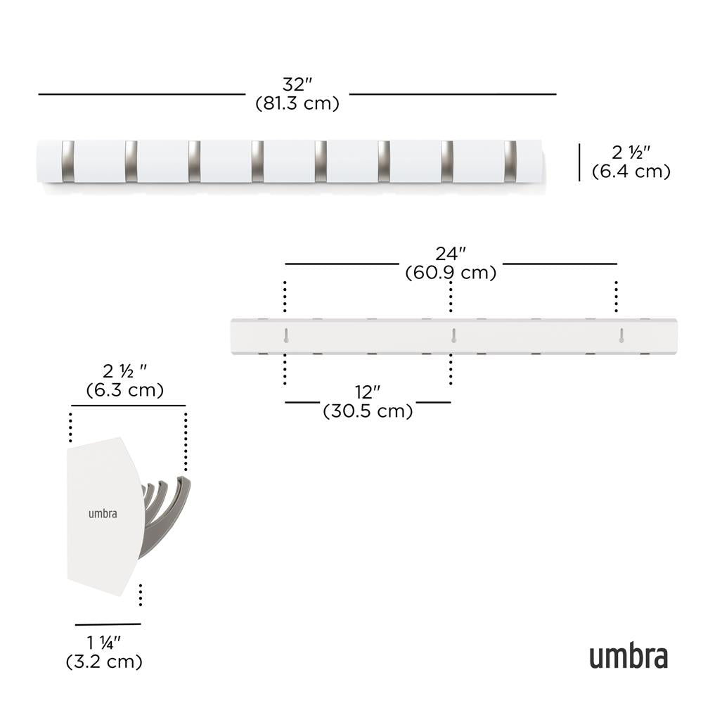 Umbra Flip Wandgarderobe, Garderobenleiste in Weiß, mit 8 beweglichen Haken in Silber