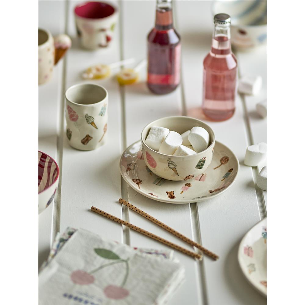 Bloomingville MINI Sweets Geschirr-Set mit Süßigkeiten-Motiven, Steingut, Teller + Schüssel + Becher