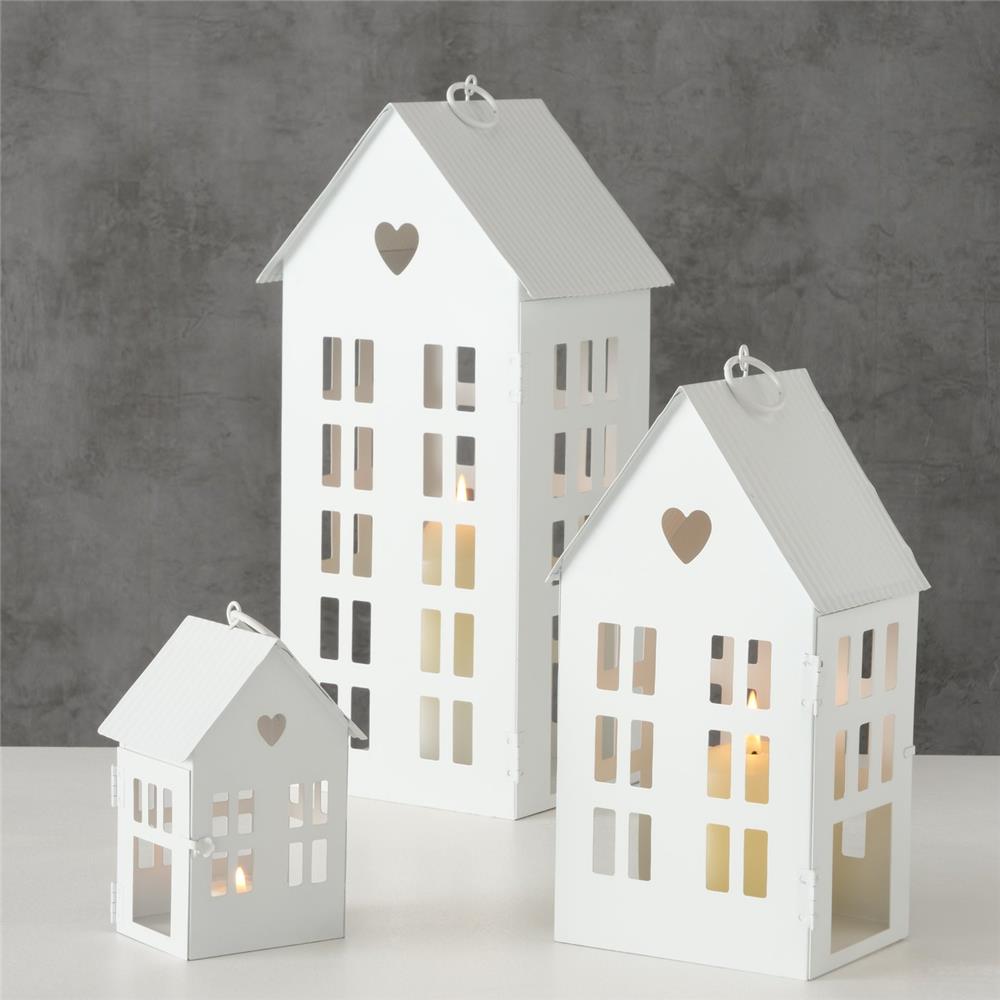 BOLTZE Laterne Alamo Haus 3er Set Weiß Windlicht aus Metall Skandinavisches Design