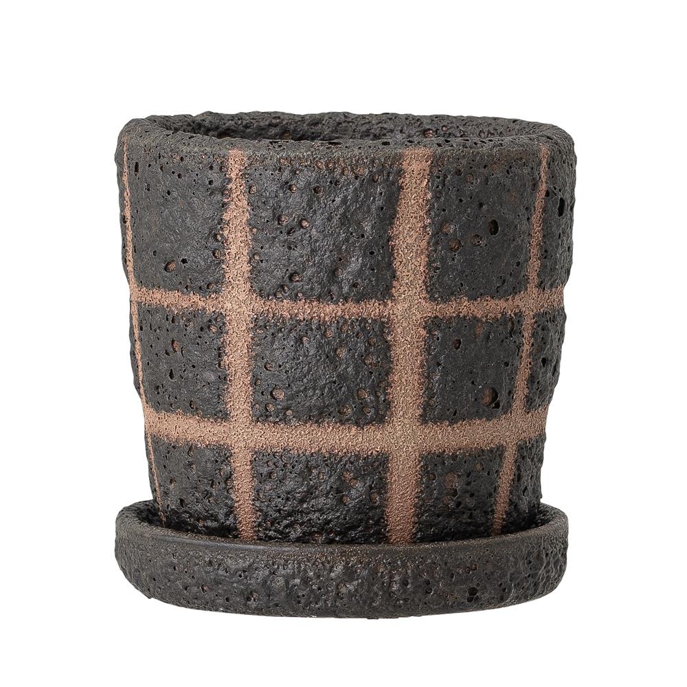 Bloomingville Nami Deko-Blumentopf mit Untertasse, Schwarz, Terrakotta, D10xH10 cm