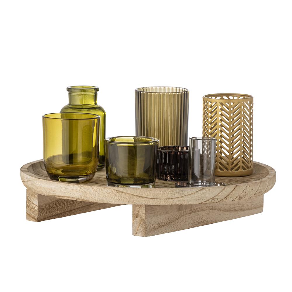 Bloomingville Sanga Tablett mit Kerzenhaltern Holz Glas Grün 32 x 15 cm