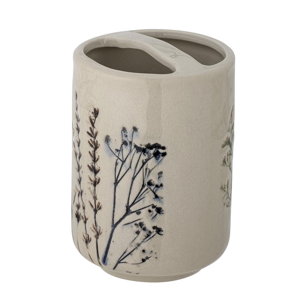 Bloomingville Bea Seifenspender und Zahnbürstenhalter, Natur, Steingut, mit Blumenmotiv, dänisches Design