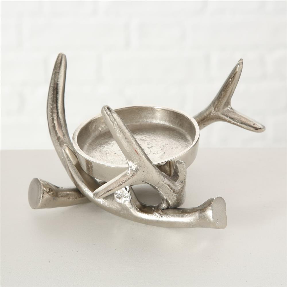 BOLTZE Kerzenleuchter Brano 2er Set Silber Metall Geweih Kerzenhalter Kerzenständer Stumpenkerzen