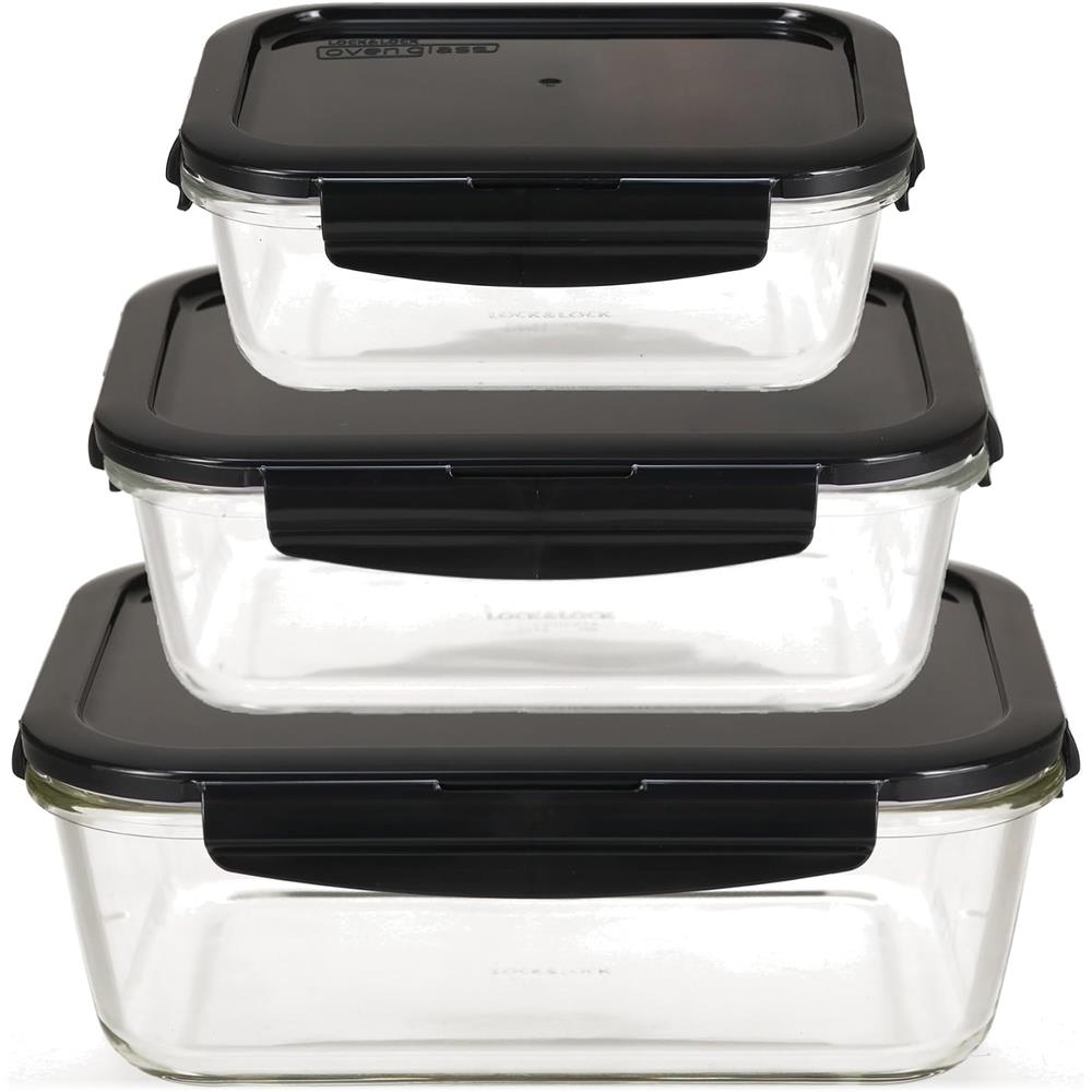 LocknLock Glas Frischhaltedosen 3er Set 630 ml, 1000 ml und 2000 ml - Ofenform mit Deckel, mikrowellengeeignet, auslaufsicher