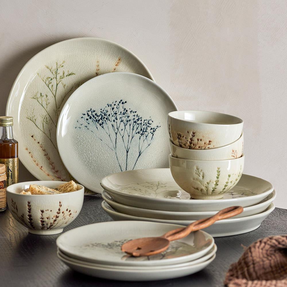 Bloomingville Bea Speise Geschirrset 12-tlg. Natur Steingut handbemalt mit Crackle-Glasur