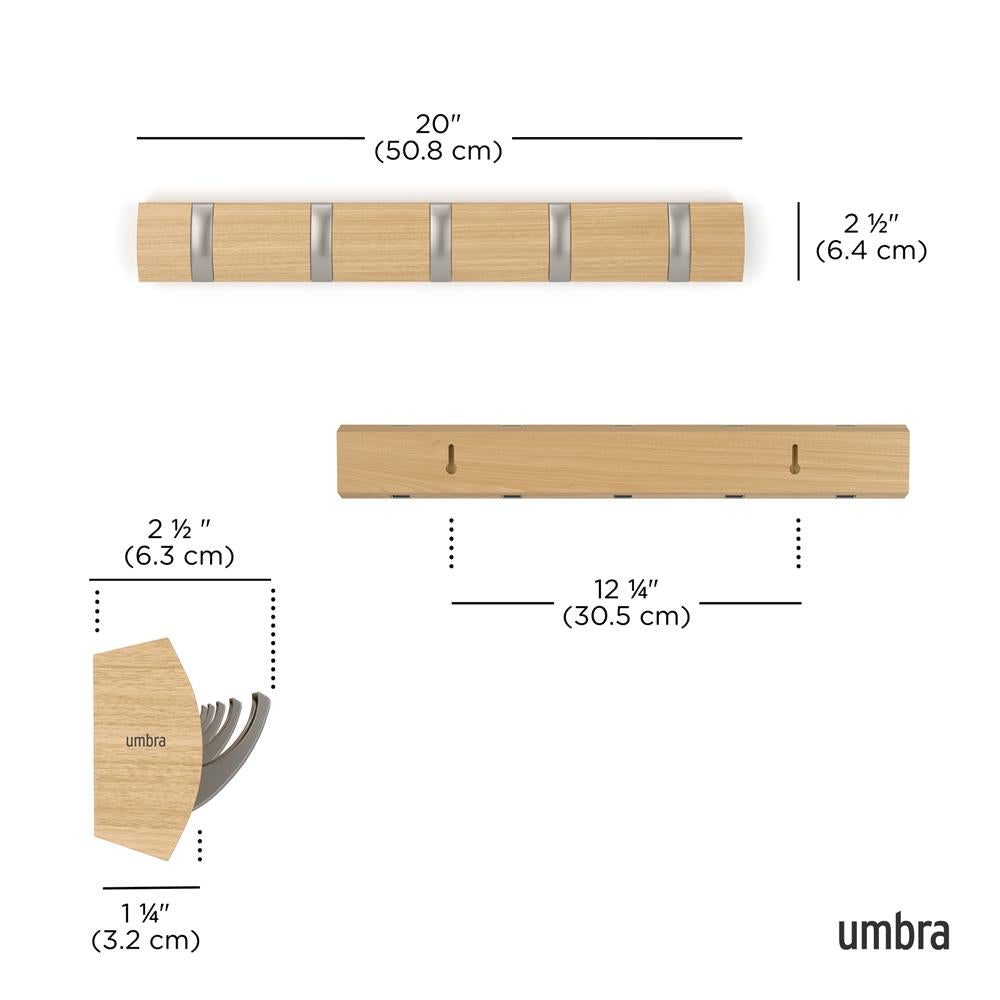 Umbra Flip Wandgarderobe, Garderobenleiste in Natur, mit 5 beweglichen Haken in Silber