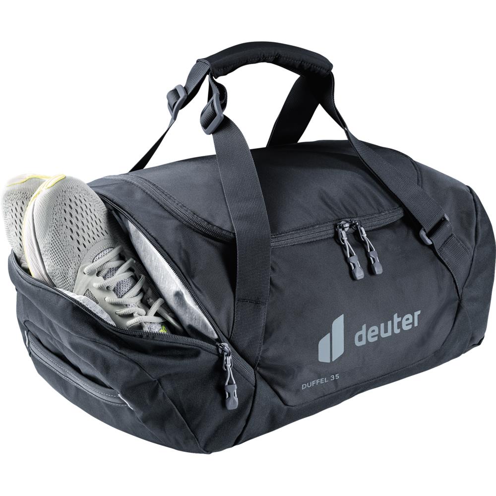 deuter Duffel 35, Reisetasche, black (schwarz), 35L, Duffelbag mit Seitentasche, Netzinnentasche