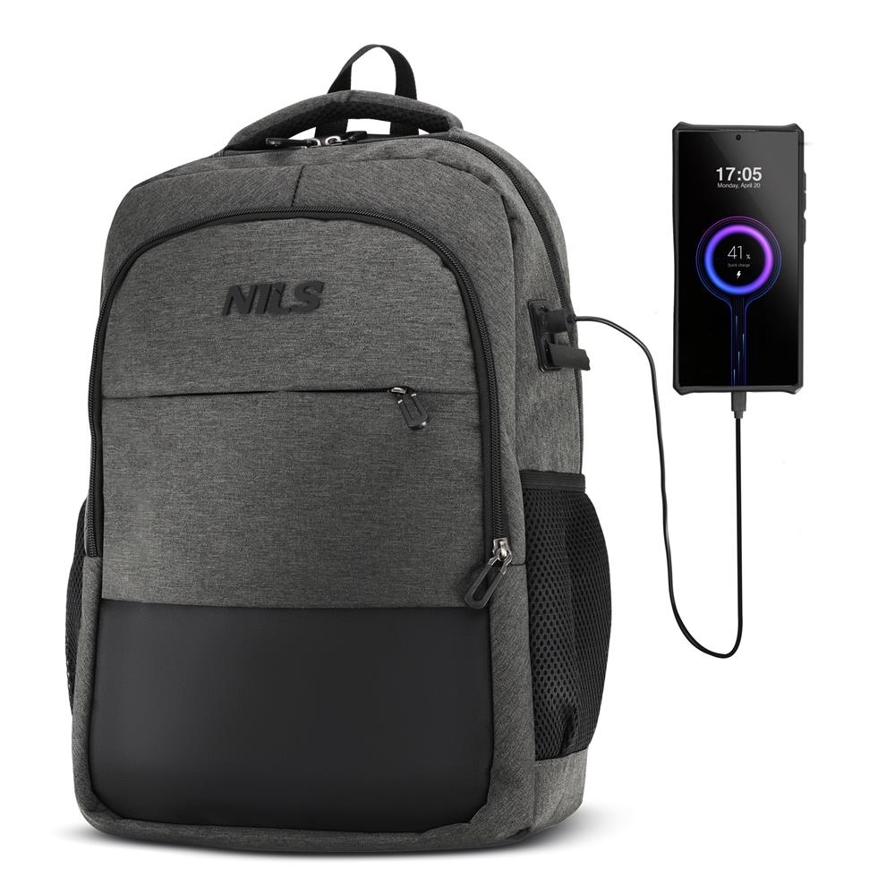 NILS City Rucksack 18L Grau - Laptoprucksack mit USB- und USB-C-Anschlüssen Arbeit Uni Alltag