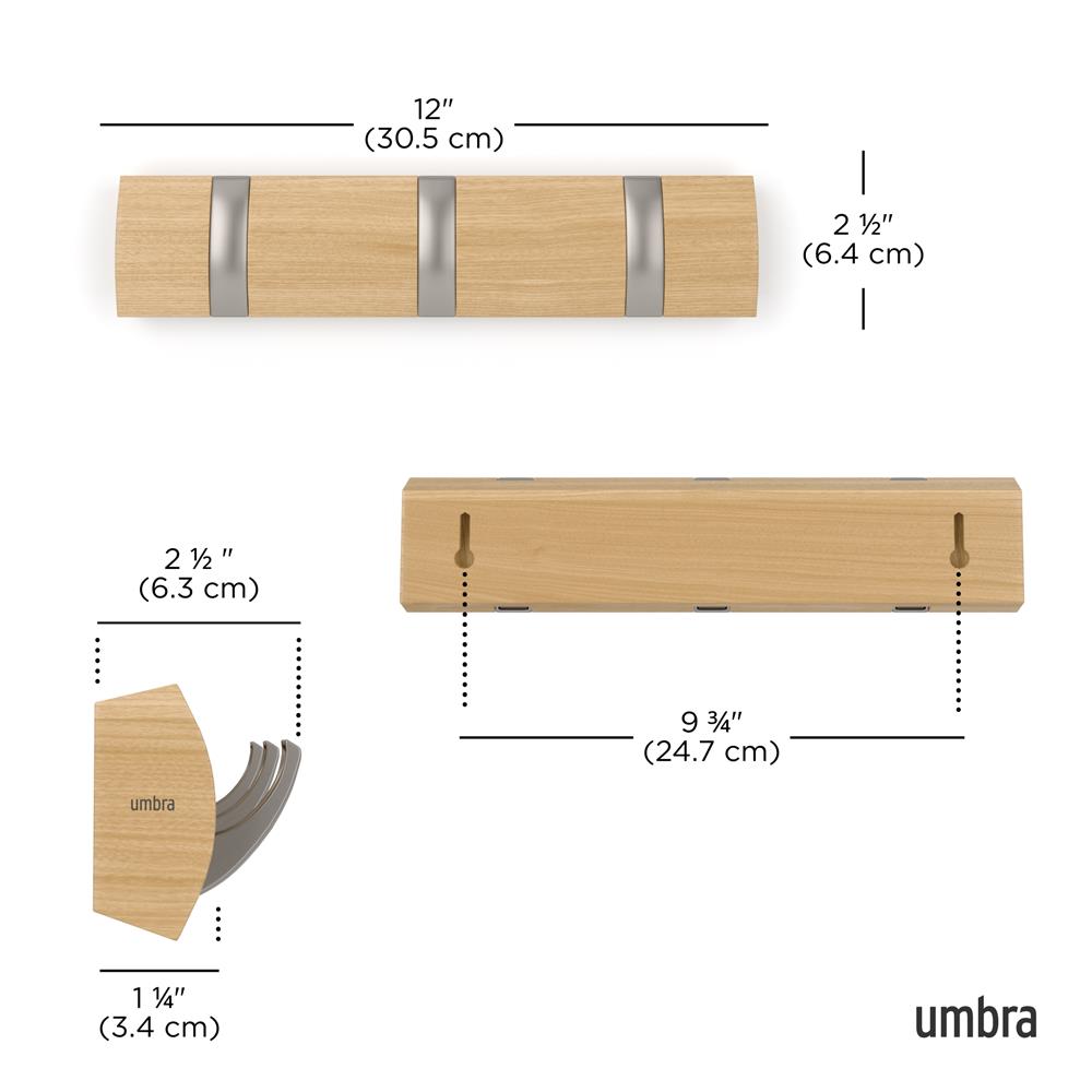Umbra Flip Wandgarderobe, Garderobenleiste in Natur, mit 3 beweglichen Haken in Silber