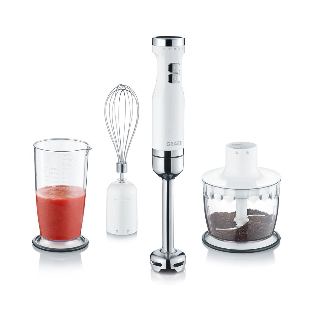 GRAEF Stabmixer HB 501 mit 3-teiliges Zubehör-Set Mixstab Pürierstab Zerkleinerer Weiß/Edelstahl