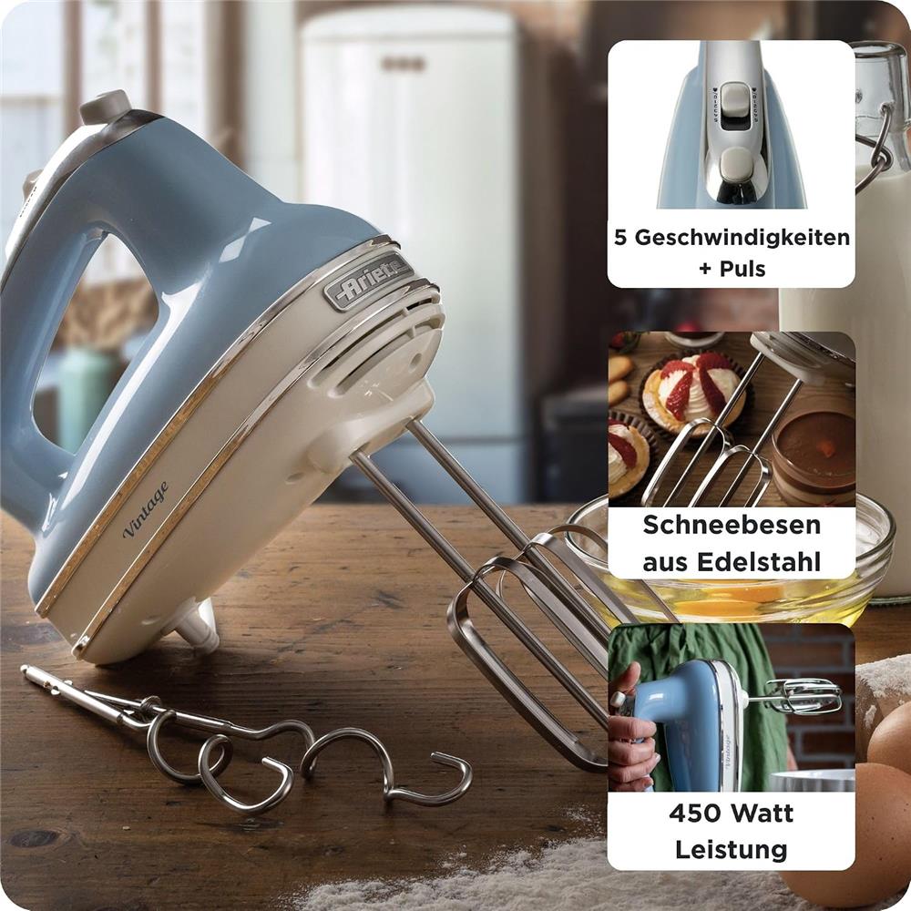Ariete Vintage Handmixer, Blau, Elektrischer Mixer 450W, 5 Stufen Turbo, Schneebese, Knethaken