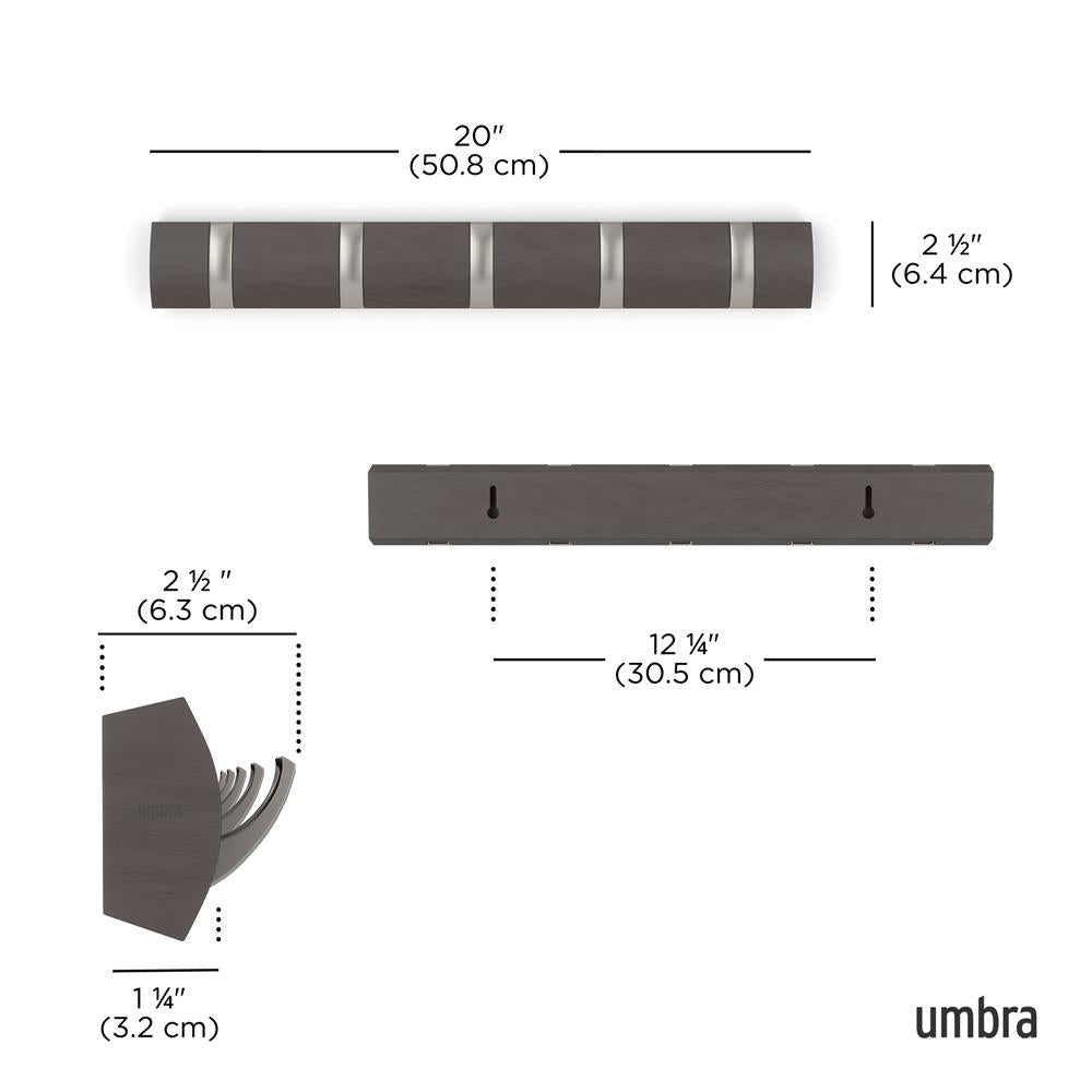 Umbra Flip Wandgarderobe, Garderobenleiste in Treibholz, mit 5 beweglichen Haken in Nickel