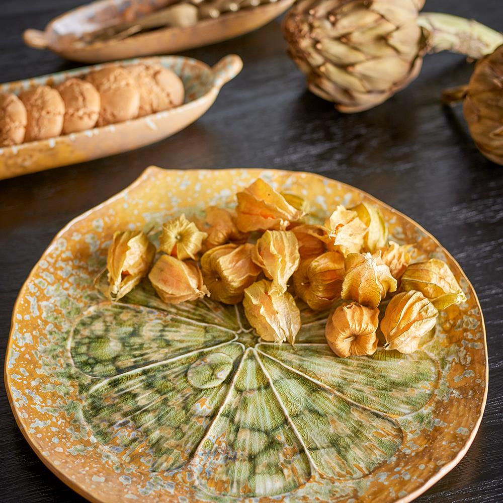 Bloomingville Milani Servierplatte aus Steingut, Grün – großes rundes Tablett