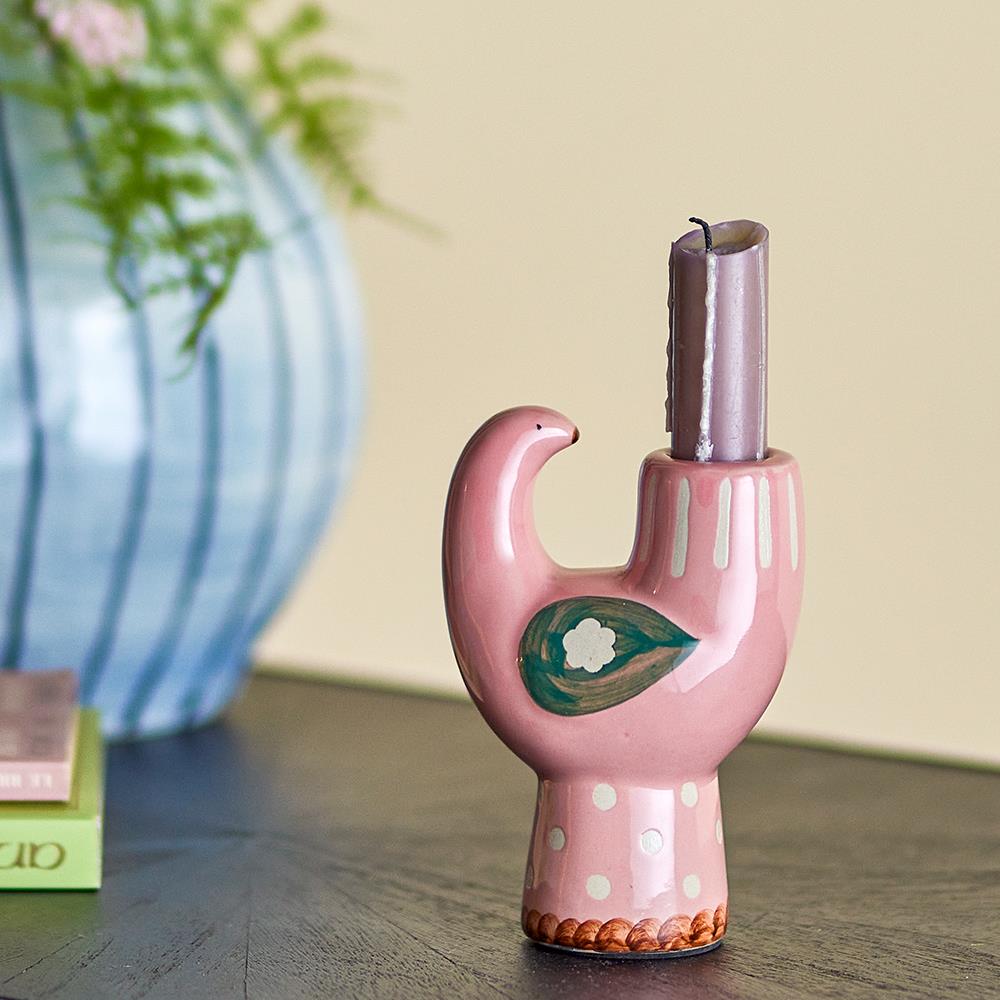 Bloomingville Trudy Kerzenhalter, Vogel, in Rosa, aus Steingut, Kerzenständer, im dänischen Design