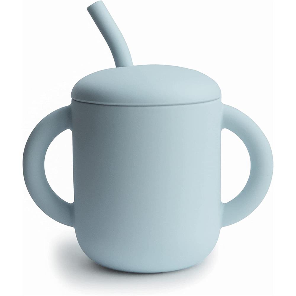 Mushie Silikon-Trinklernbecher mit Strohhalm, Powder Blue, BPA-frei