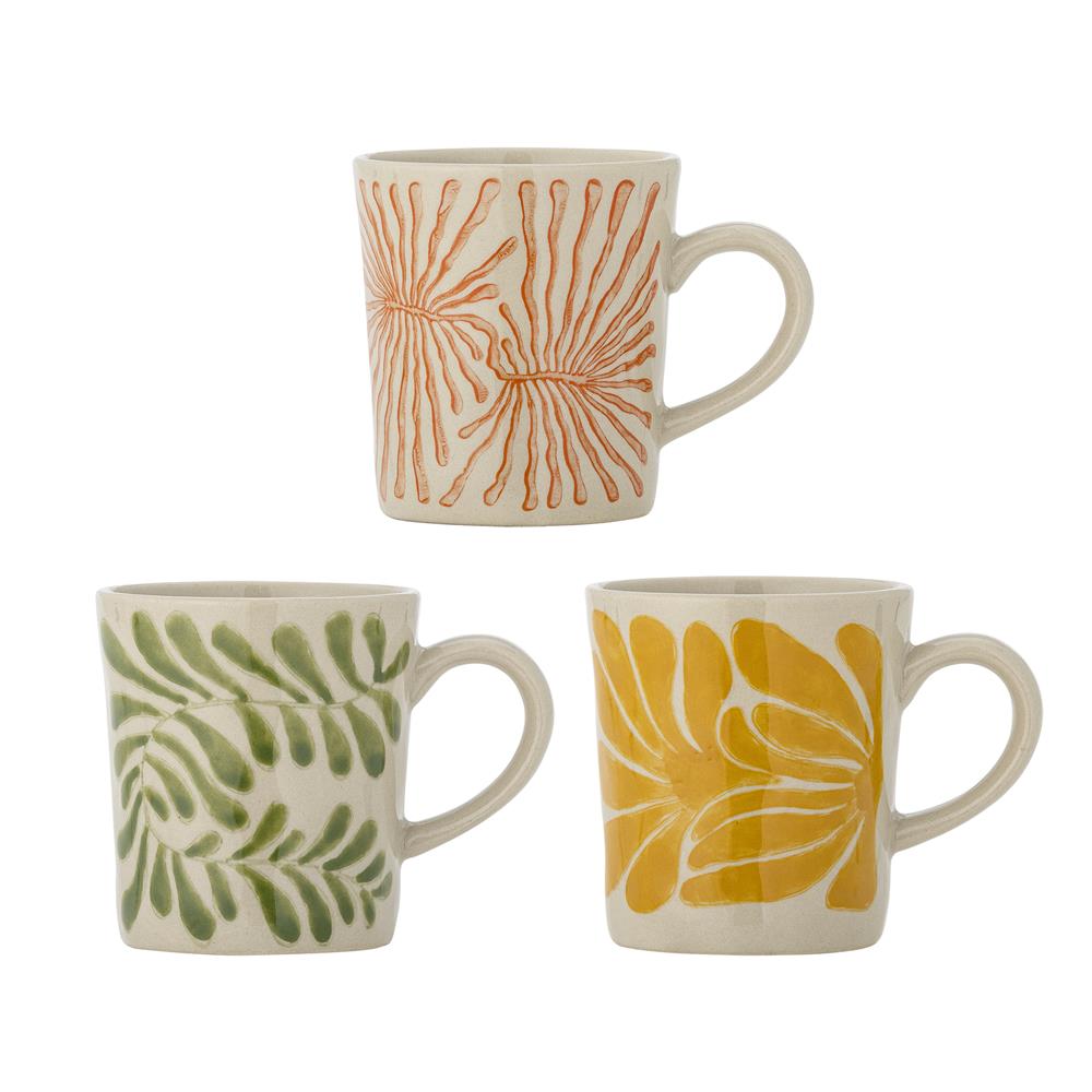 Bloomingville Fauni Tassen 3er-Set, Bunt – handbemalte Becher aus Steingut