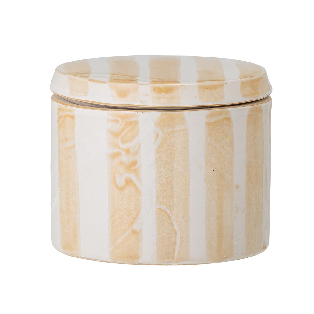 Bloomingville Cathe Gefäß mit Deckel, mit gelben und weißen Streifen, Steingut, D13xH10,5 cm