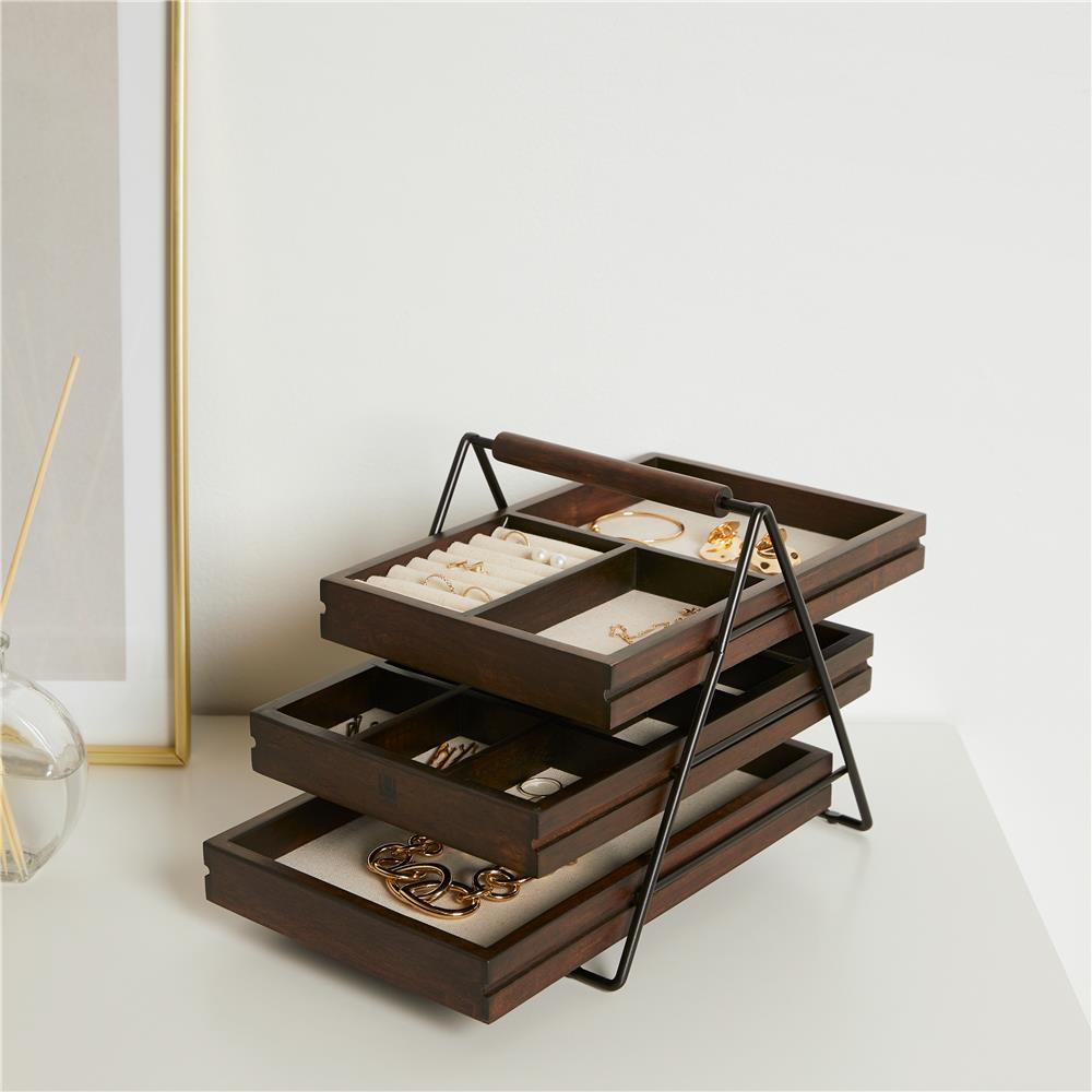 Umbra Terrace Schmucktablett Holz Schmuckkästchen mit drei Schubfächer für Ringe Armbänder Ketten Uhren und Mehr