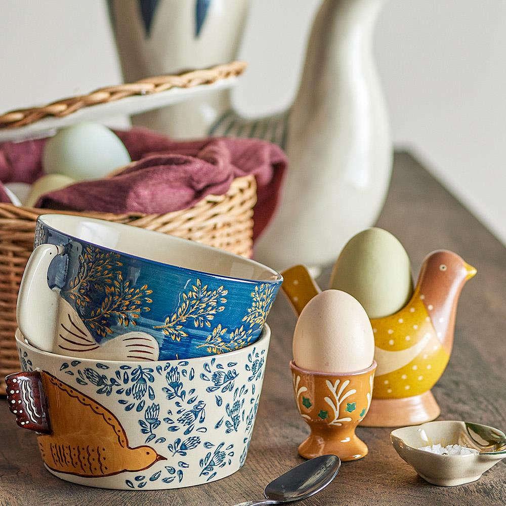 Bloomingville Hezha Schale Natur – Handbemalte Steingutschale mit Vogelmotiv, 460 ml