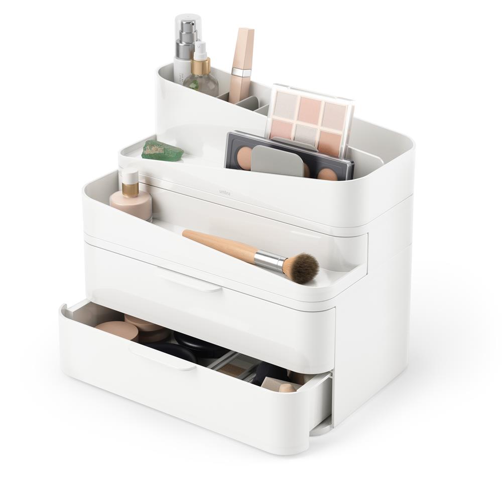 Umbra Glam Kosmetik Organizer in Weiß/Grau, Modulare Aufbewahrungsbox mit 3 Schubladen