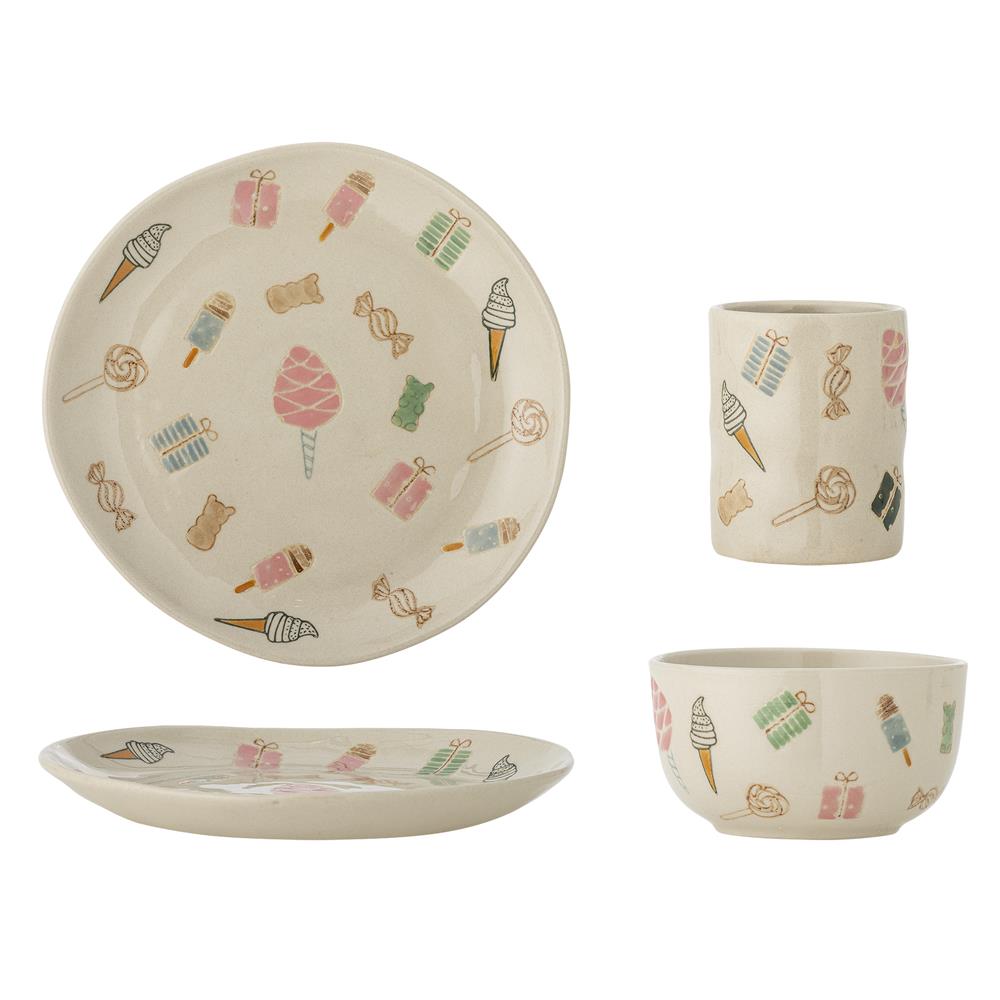 Bloomingville MINI Sweets Geschirr-Set mit Süßigkeiten-Motiven, Steingut, Teller + Schüssel + Becher
