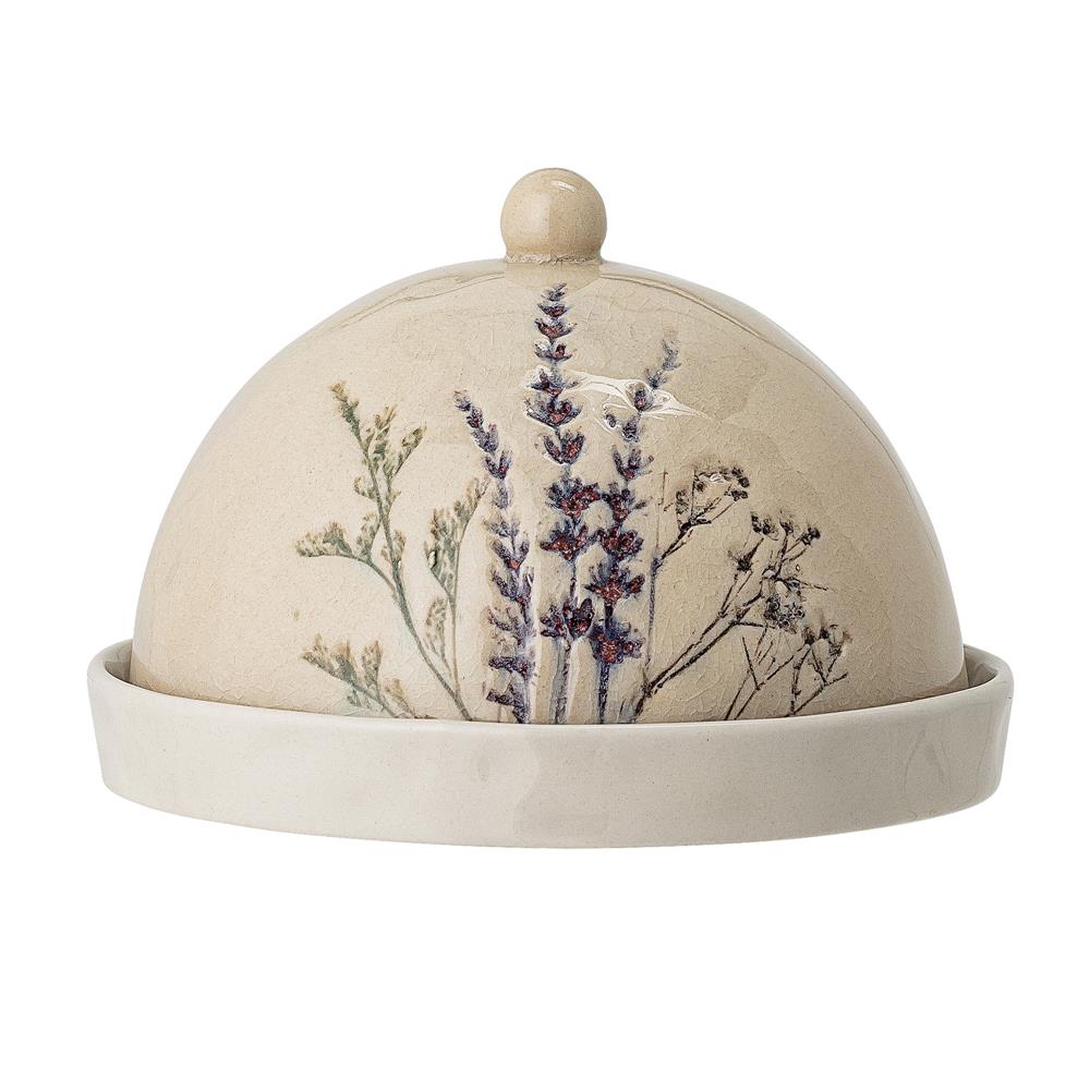 Bloomingville Bea Butterglocke mit Decke, Natur, Steingut, mit Blumenmotiv, dänisches Design