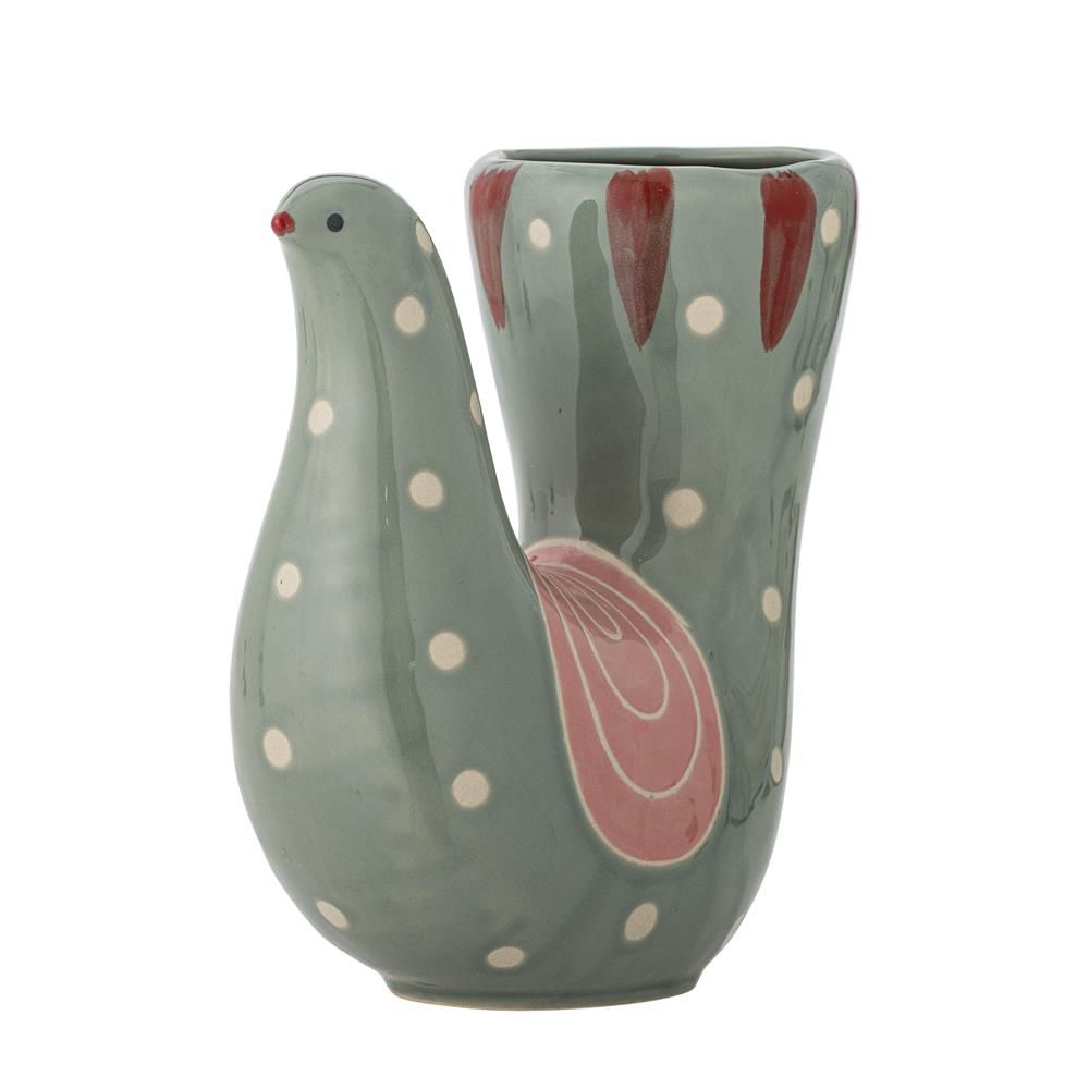 Bloomingville Trudy Vase Grün Steingut L19xH19xW7,5 cm – handbemalte Vogelvase