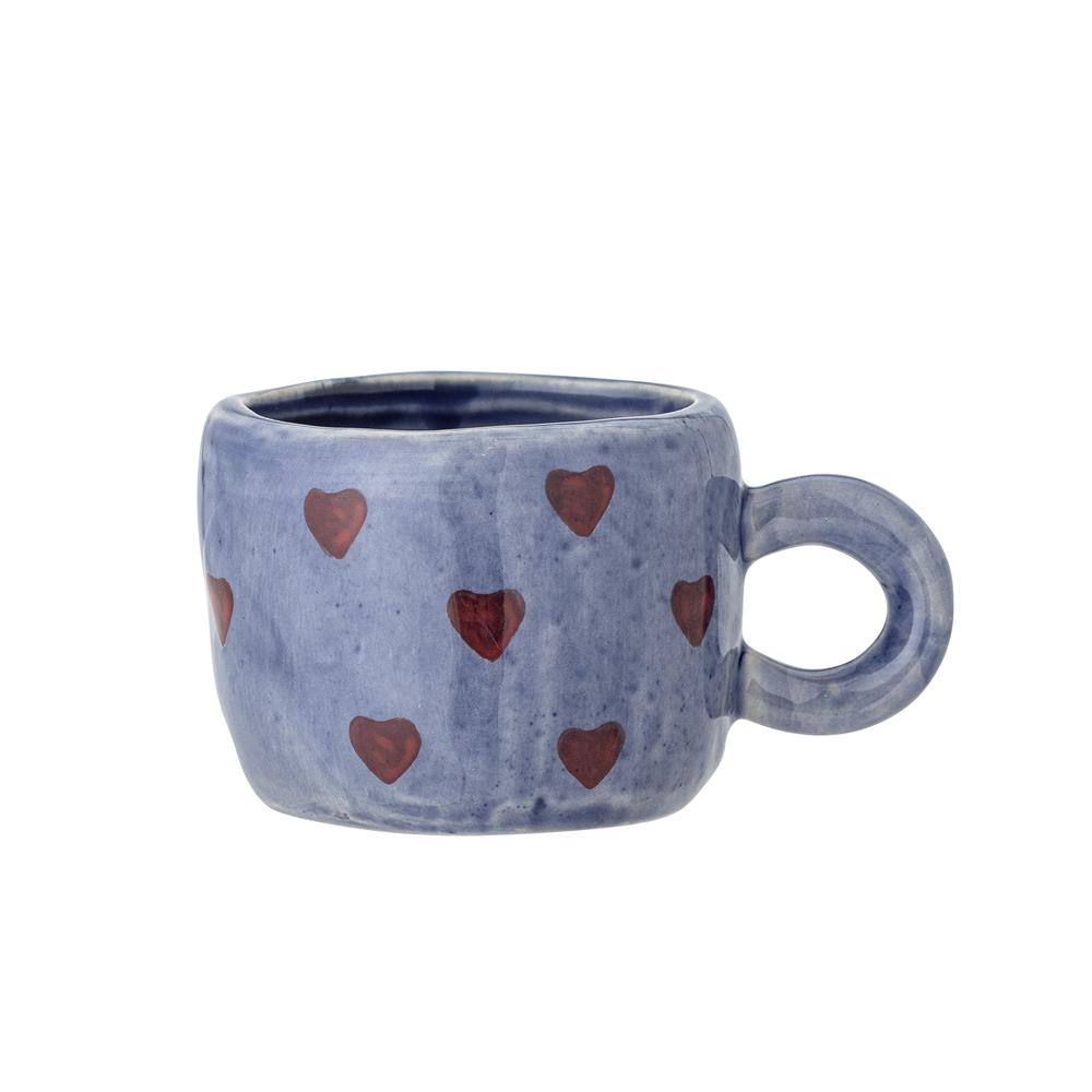 Bloomingville MINI Nini Tasse, Blau mit roten Herzen, Steingut, Kindertasse, dänisches Design