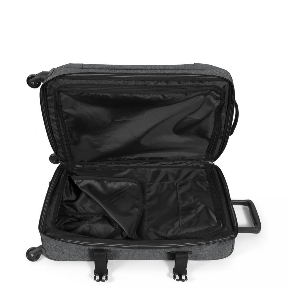 Eastpak TRANS4 S, Kleiner Reisetrolley, Black Denim (grau), 44L, Rollkoffer mit 4 Rädern und TSA-Schloss