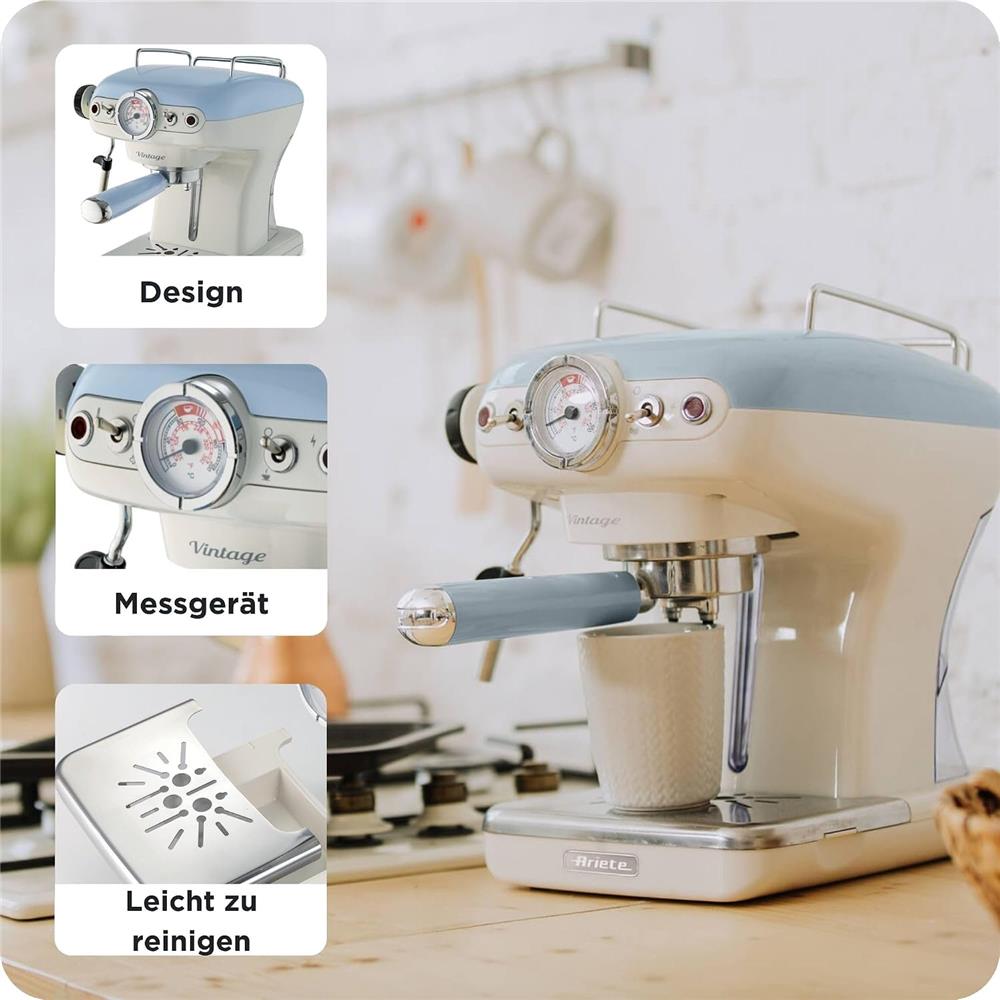 Ariete Vintage Espressomaschine, Blau, Siebträger Kaffeemaschine, 15 Bar
