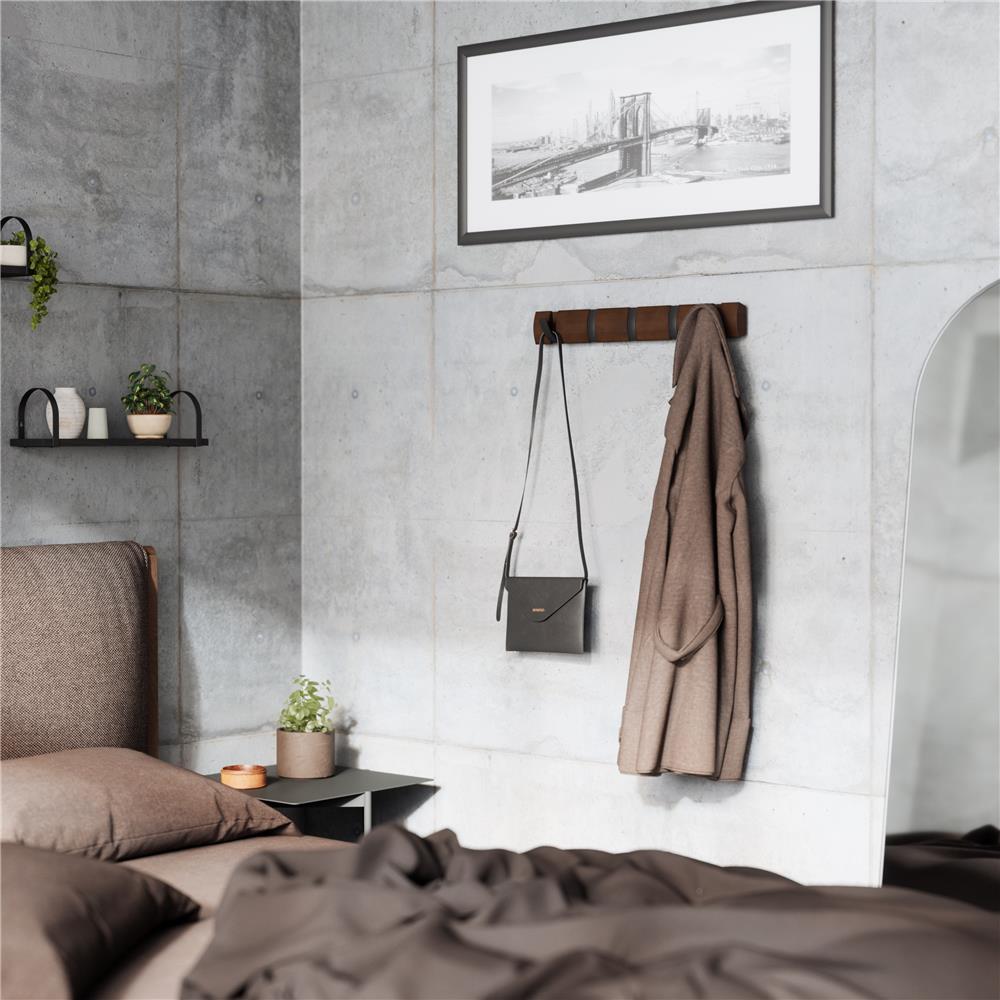 Umbra Flip Wandgarderobe, Garderobenleiste in Walnuss, mit 5 beweglichen Haken in Schwarz